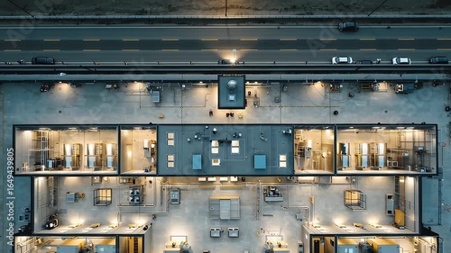 Aerial View of Modern Rooftop and Industrial Facility with Illuminated Rooms and Equipment Showcasing Urban Architecture