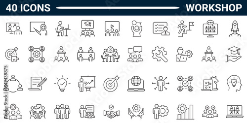 Workshop outline style icon set with editable stroke. Vector Illustration. 