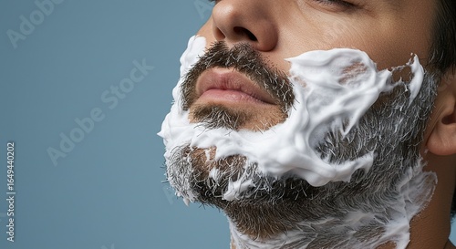 Man's Face with Shaving Foam. Close-up of Grooming Routine
