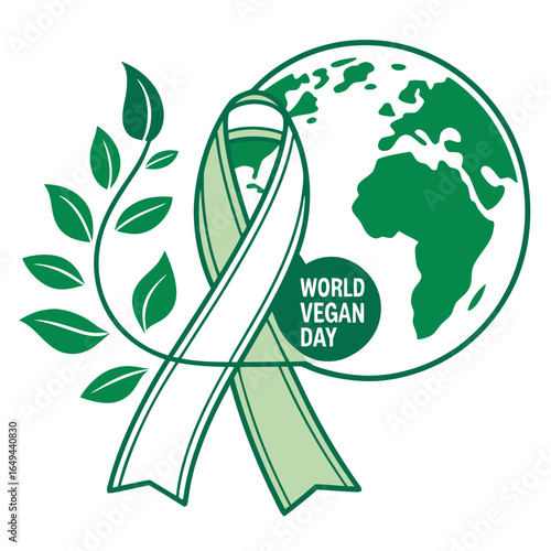World Vegan Day concept design, Earth and vegan ribbon with leaf elements illustration 