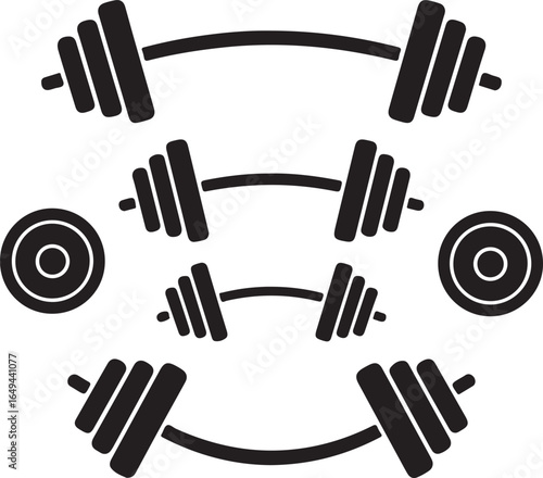 Assortment of black and white weightlifting equipment icons including barbells and weight plates dumbbell