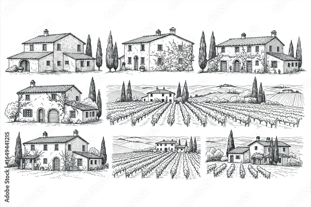 Obraz premium Tuscan Villas and Vineyards Sketches