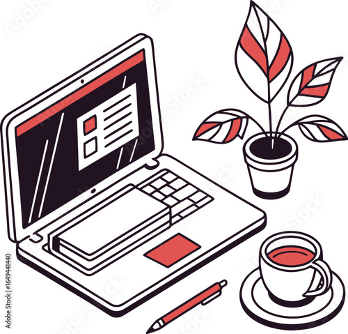 Business and finance work at a desk with a laptop, notebook, pen, and a cup of coffee