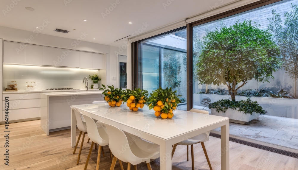 Fototapeta premium Modern kitchen with a patio garden, showcasing a bright and airy space.