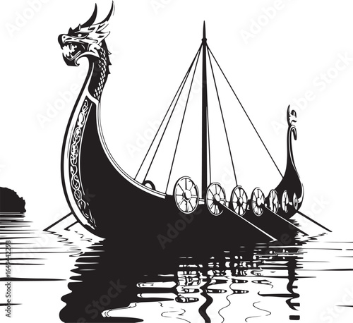 Majestic Viking ship sails on water with dragon