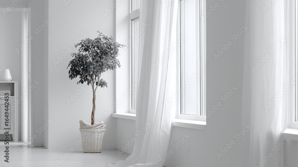 Fototapeta premium minimalist of cozy corner featuring potted plant against monochrome wall with ar blurred white text bars outlining