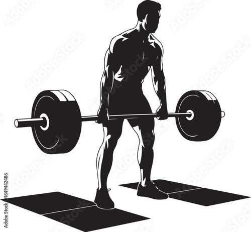 Silhouette of a man performing a deadlift with a barbell on a platform Keywords: weightlifting
