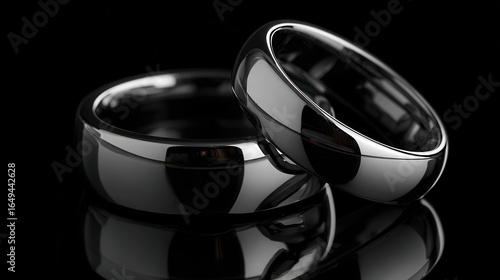 Matching tungsten wedding bands with a polished mirror finish, isolated on a clean black background.