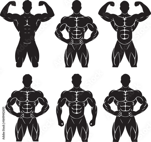 Six stylized silhouettes of muscular bodybuilders flexing muscles in different poses male fitness