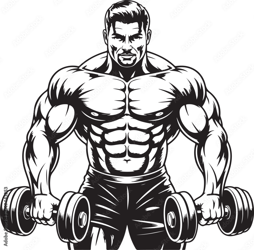 Fototapeta premium Muscular bodybuilder man with dumbbells in black and white bodybuilding male