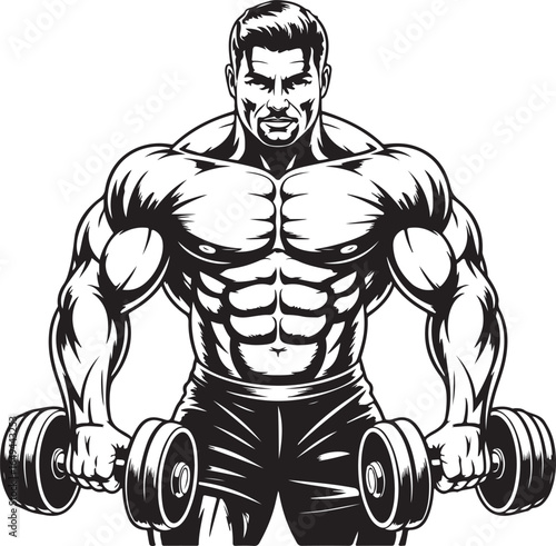 Muscular bodybuilder man with dumbbells in black and white bodybuilding male