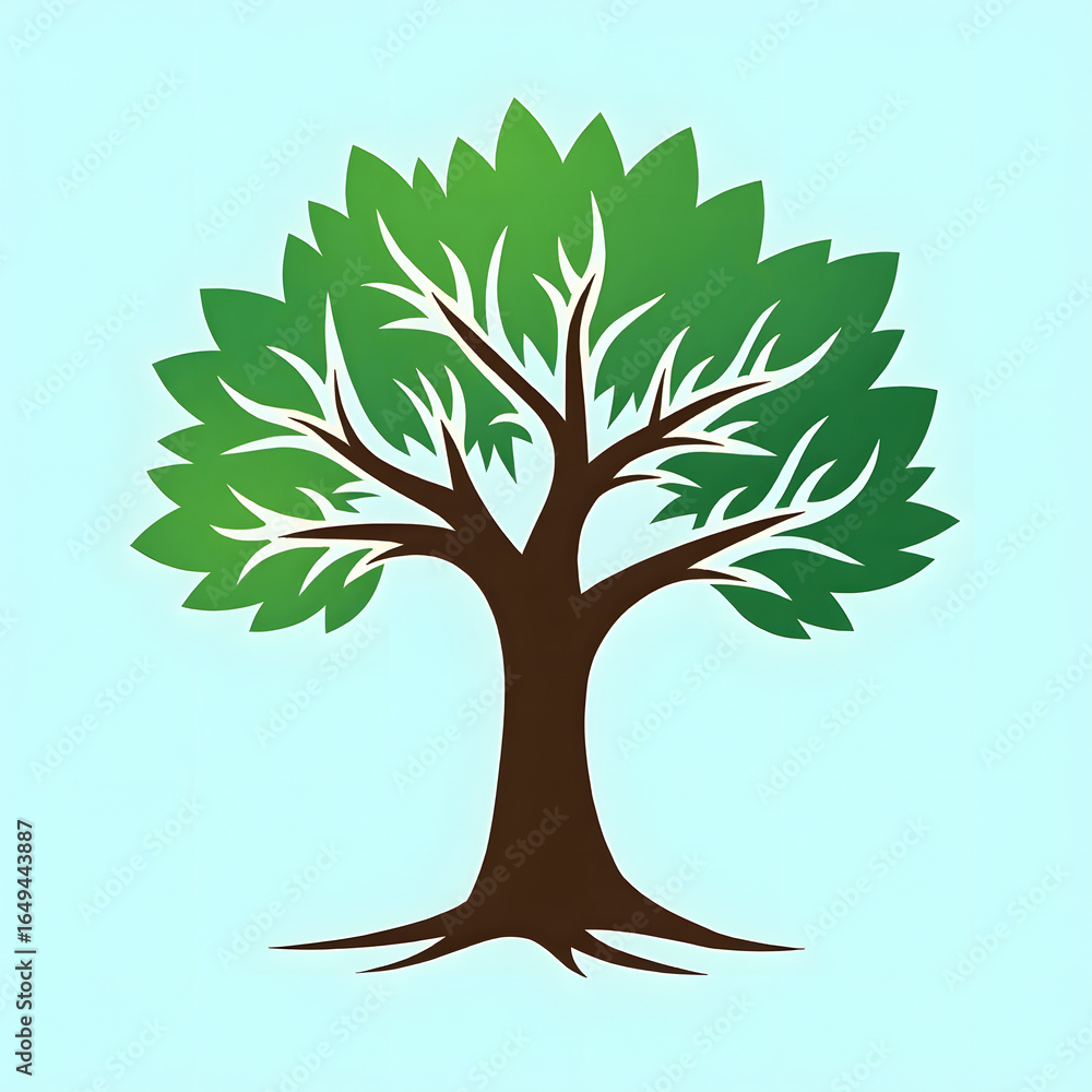 Fototapeta premium Green Tree Illustration with Brown Trunk and Roots