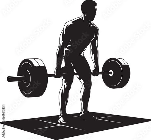 Silhouette of a man performing a deadlift with a barbell on a platform Keywords: weightlifting