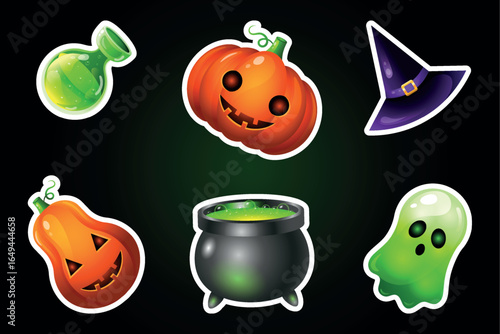 Set of Halloween stikers in cartoon style on dark green background. Creepy decorative elements : pumpkins, witch hat, ghost, wich pot, potion. Design elemets. Spooky icons. Vector illustration. 