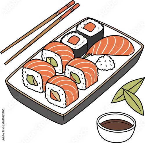 sushi platter with salmon rolls and chopsticks
