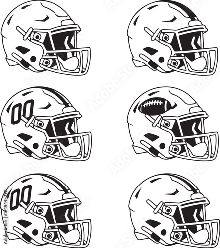 Six black and white outline illustrations of American football helmets sports helmet headwear