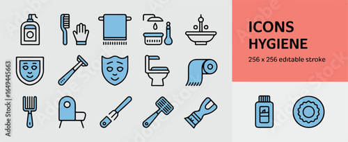A set of hygiene-themed icons in a modern line art style, displayed on a light gray background.