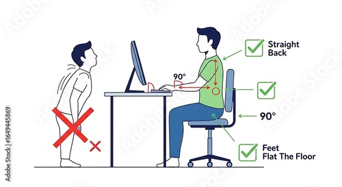 Ergonomic, posture, guidance Best practices, for maintaining a healthy posture while working at a desk, computer setup with chair.