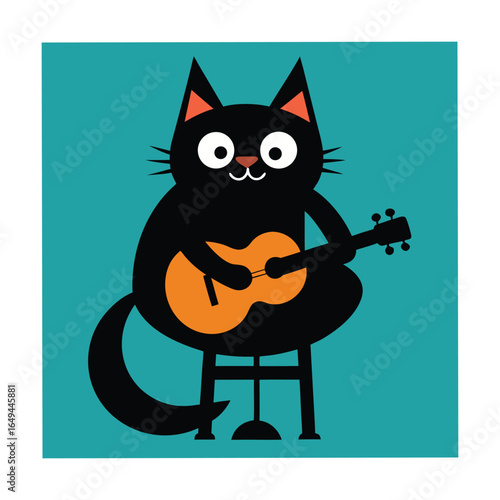 Cat Playing Guitar on a Stool Cartoon Vector