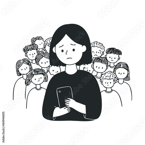 Worried asian female teen with smartphone facing peer pressure