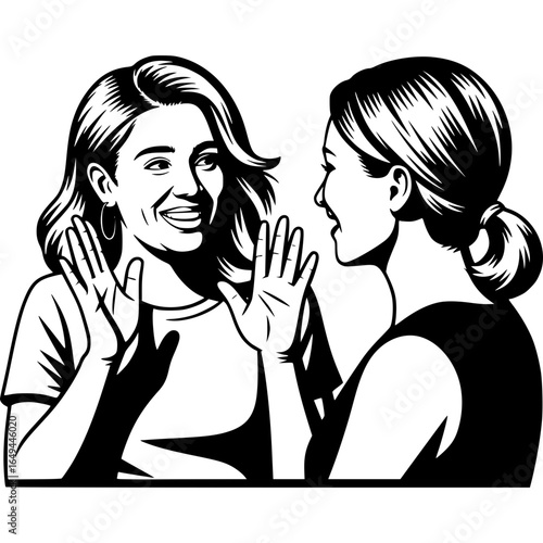 Heartfelt Greeting: Two women meet in joyful embrace. This illustration encapsulates connection, excitement, and the beautiful simplicity of human interaction.
