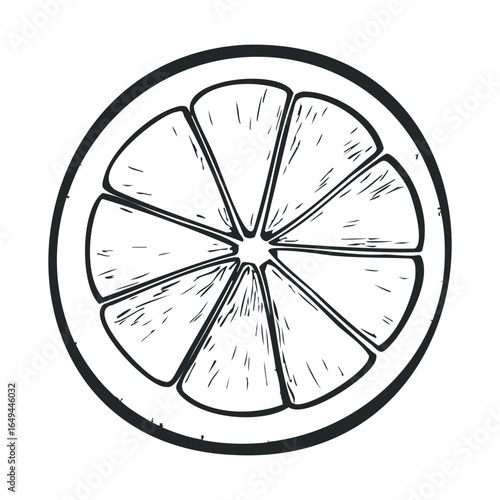 Hand-drawn black and white orange slice illustration with segments and seeds
