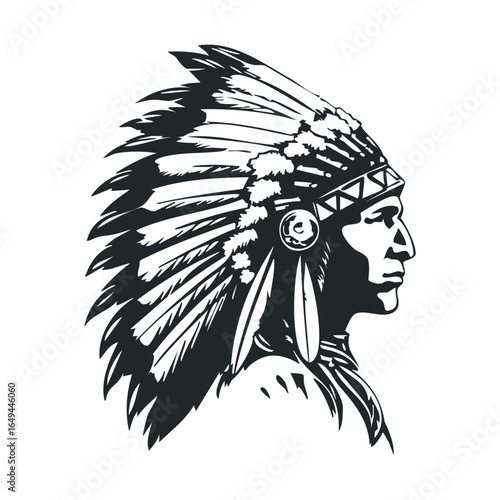 Profile illustration of native american chief in traditional headdress