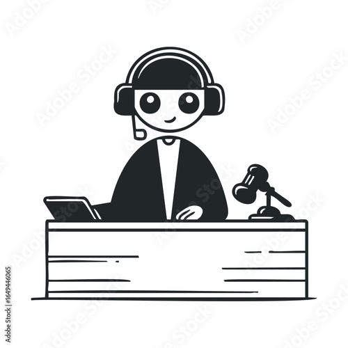 Cartoon podcaster with headset and microphone at desk illustration