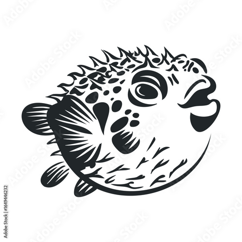 Black and white pufferfish illustration with spikes and patterns