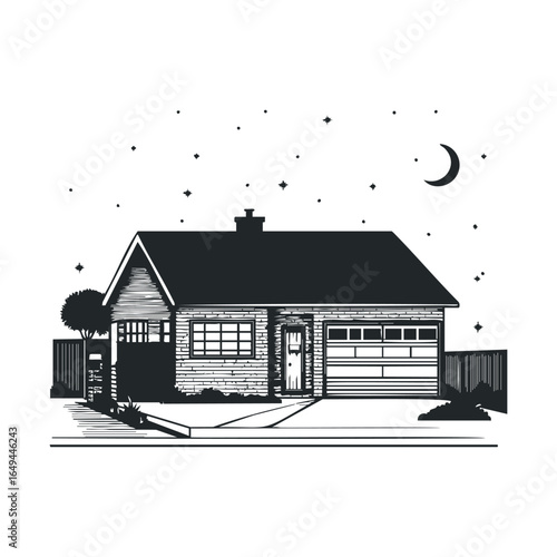 Nighttime view of a suburban house with starry sky and crescent moon