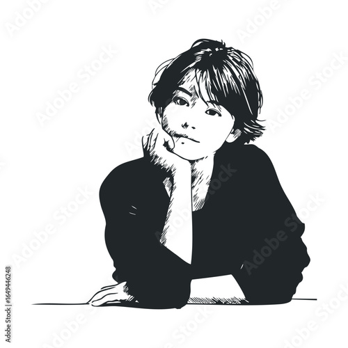 Thoughtful young asian male portrait sketch with hand on chin