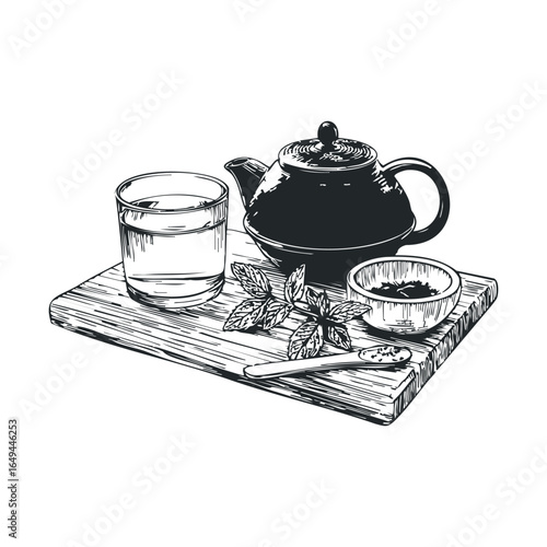Monochrome drawing of teapot with glass, mint leaves, and tea on wooden board