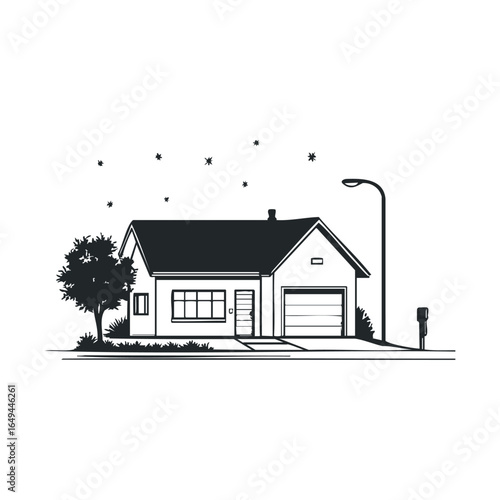 Minimalist black and white illustration of a suburban house with tree and streetlight