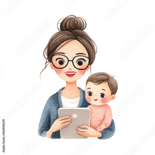 Watercolor Illustration of a Smiling Mother with Baby and Tablet