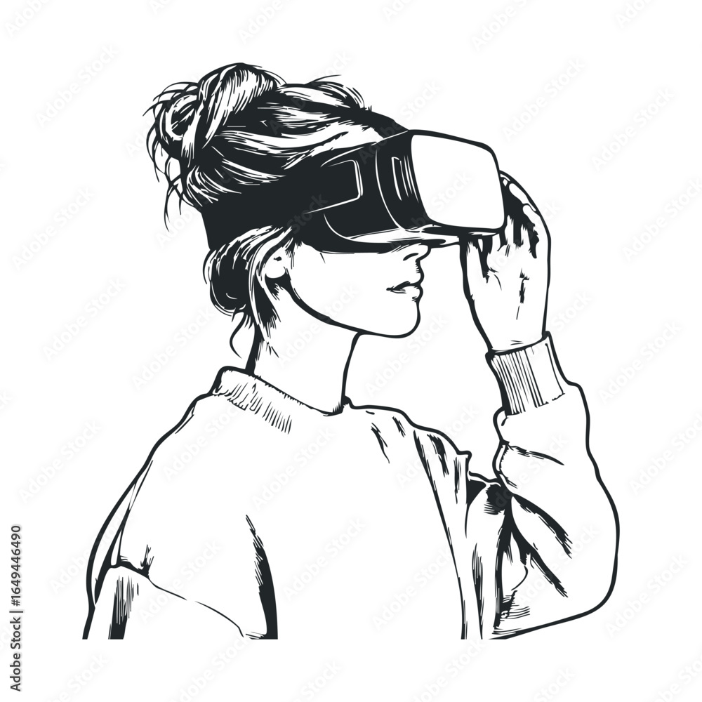 Fototapeta premium Young caucasian female experiencing virtual reality with headset
