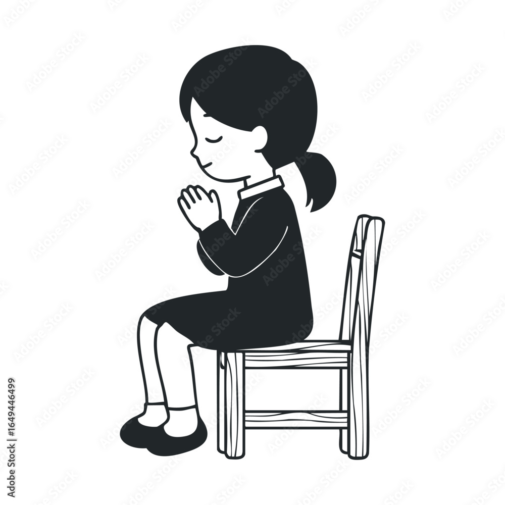 Fototapeta premium Cartoon young asian girl praying seated on chair in black and white illustration
