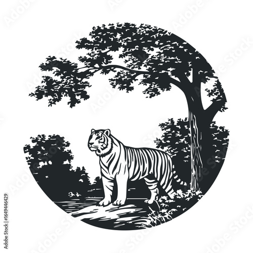 Monochrome illustration of a majestic tiger in a forest setting