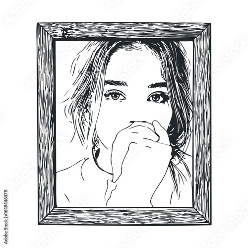 Framed black and white illustration of young female