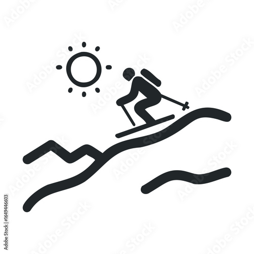 Iconic winter skiing scene with skier descending mountain under sun