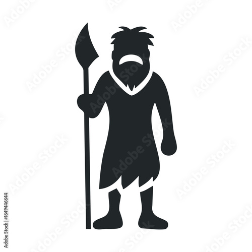 Silhouette of stone age caveman with spear on white background