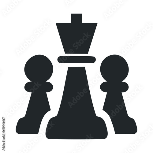Silhouette of chess king and pawns on white background