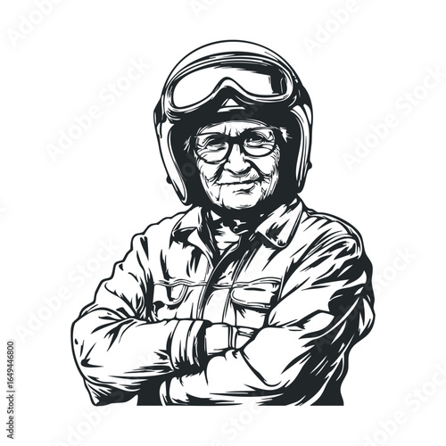 Elderly caucasian male biker illustration with helmet