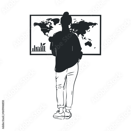 Female adult analyzing world map with chart in casual attire