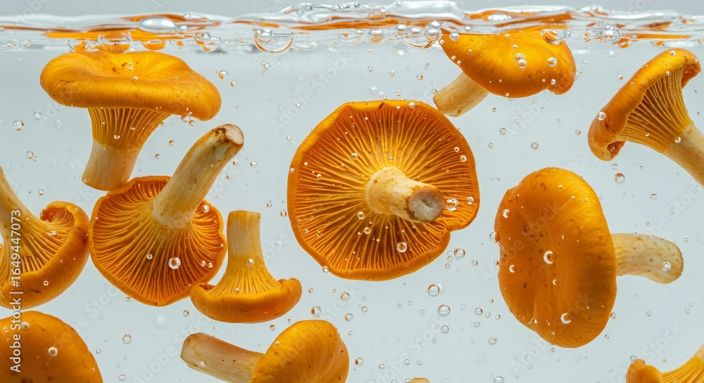 Fototapeta premium Golden chanterelle mushrooms floating underwater showing detailed gills and water droplets, premium wild fungi for professional food photography