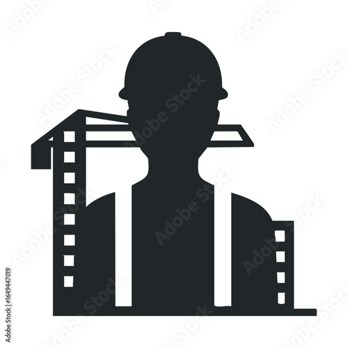 Male construction worker silhouette with skyscraper background