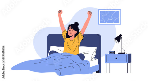 Young woman waking up stretching arms enjoying morning in comfortable bed with blanket