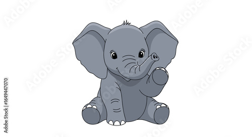 Adorable baby elephant sitting and waving hello with big ears and a playful trunk