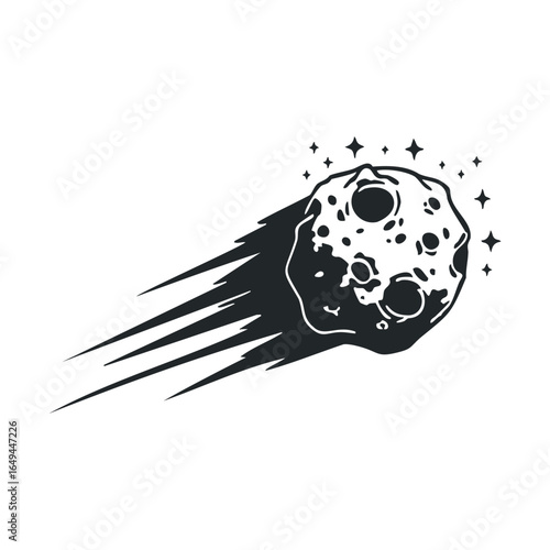 Monochrome illustration of a shooting meteor with trail and stars