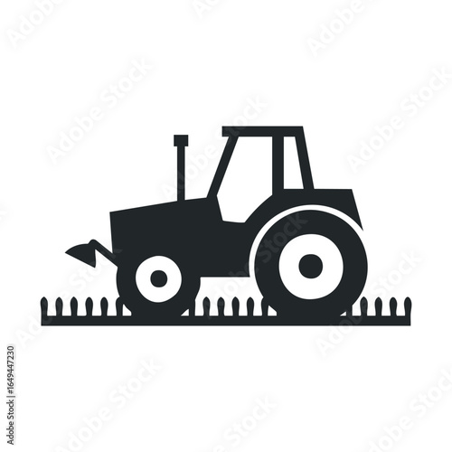 Silhouette of tractor with farming rake attachment on white background