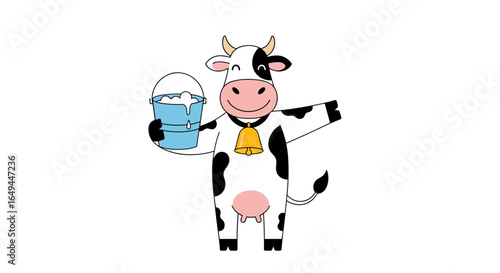 Adorable cartoon cow holding a bucket full of fresh milk presenting dairy goodness